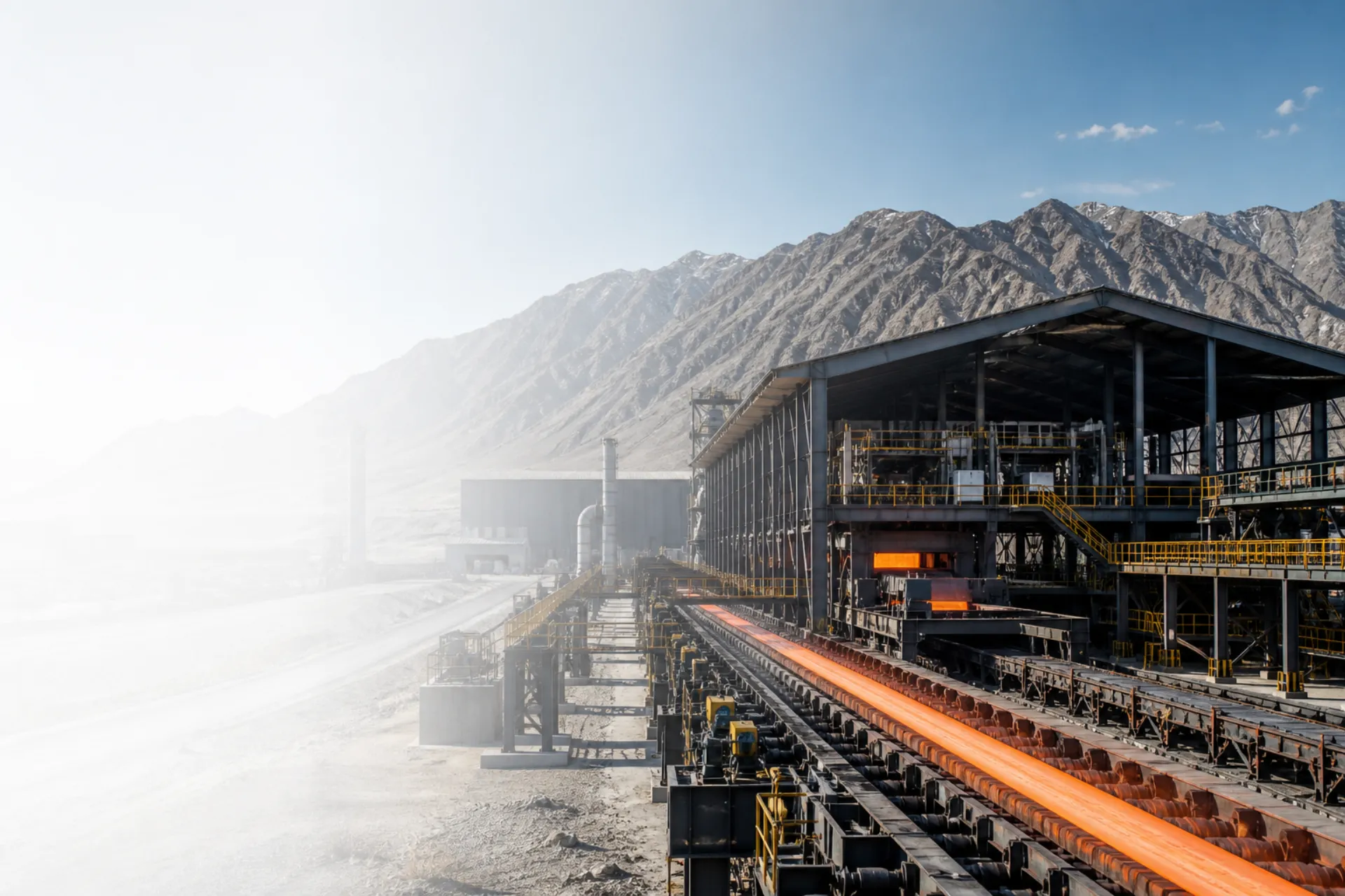 Illustrative steel production complex near Afghan mountains